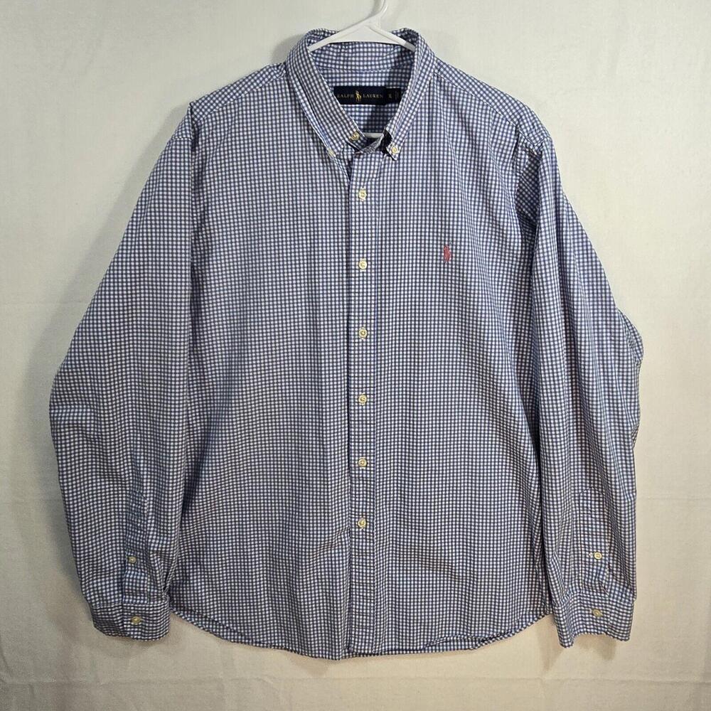 Ralph Lauren Button Up XL Blue and White Gingham Pink Pony Long Sleeve Mens